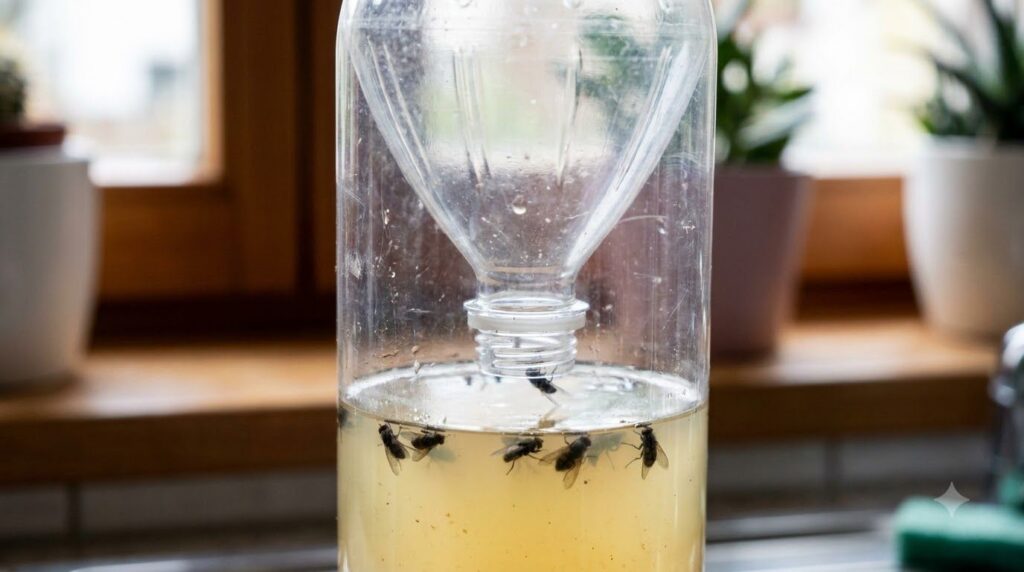 A close-up shot of several flies trapped inside the plastic bottle fly trap submerged in the liquid bait with the invert