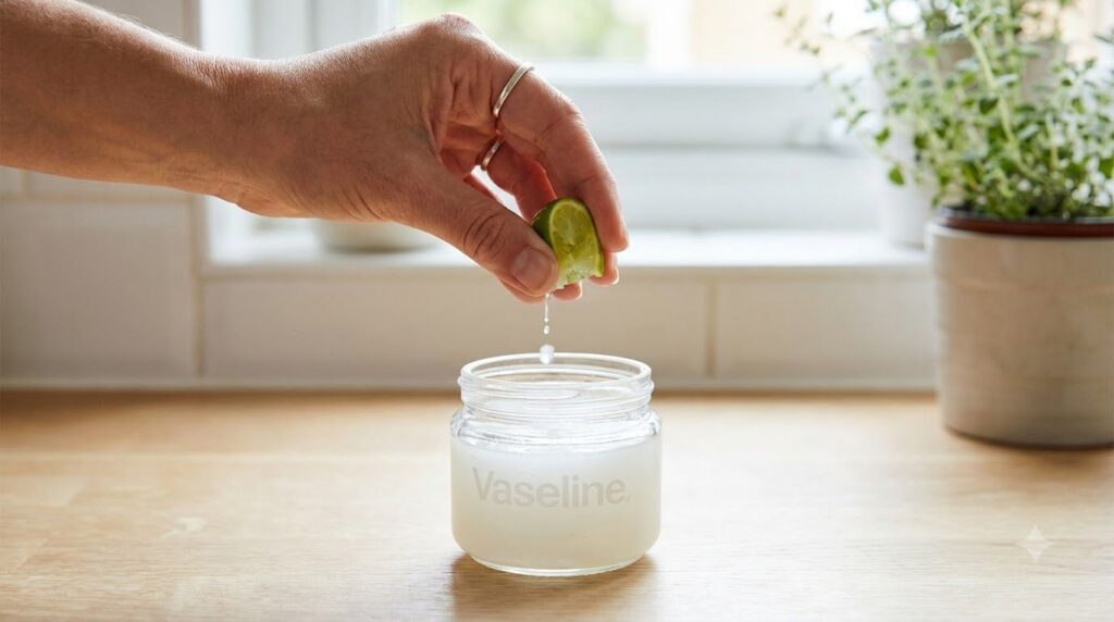 A hand squeezing drops of fresh lime juice into a small jar of Vaseline ready to be mixed