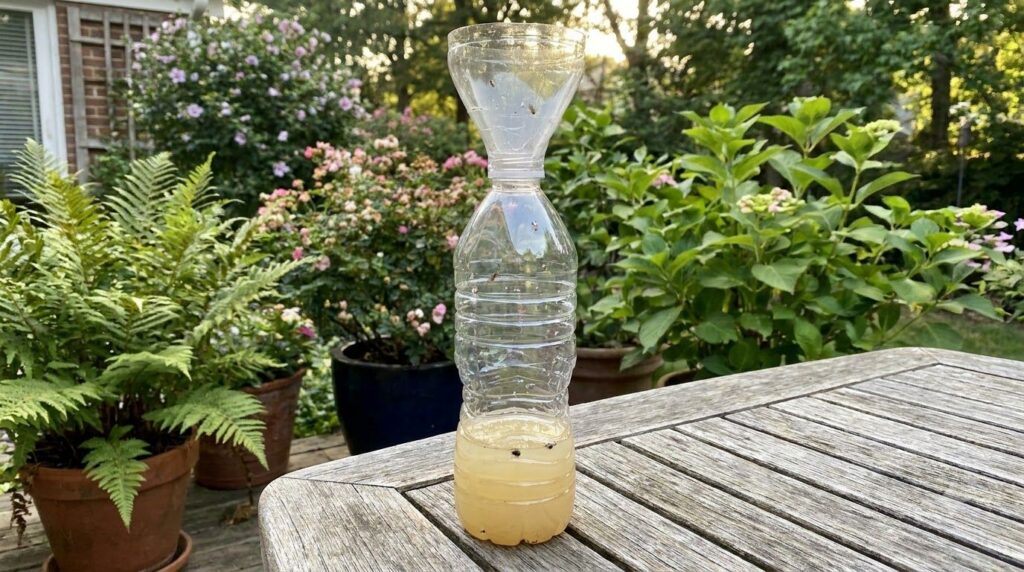 A finished DIY fly trap made from a plastic bottle with the inverted top acting as a funnel filled with a yellowish liqu