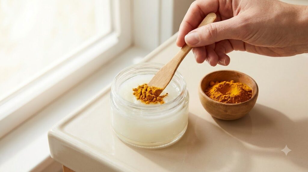 A hand mixing turmeric powder into a small jar of Vaseline with a tiny spatula or spoon