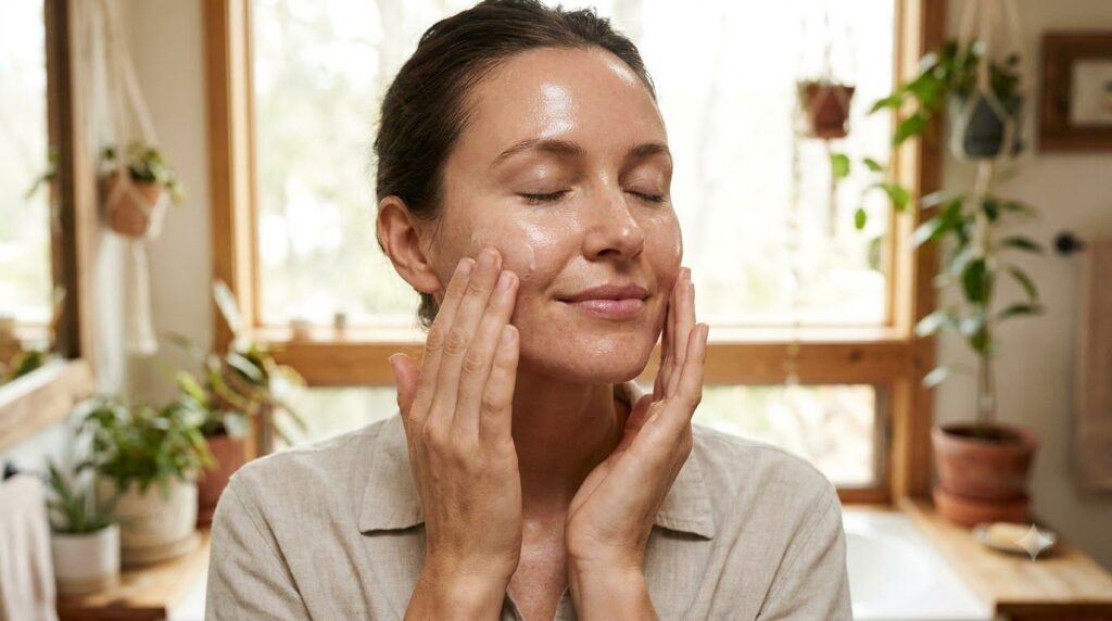 A woman gently applying a skincare mixture to her face with a soft glowing complexion Her eyes are closed in contentment