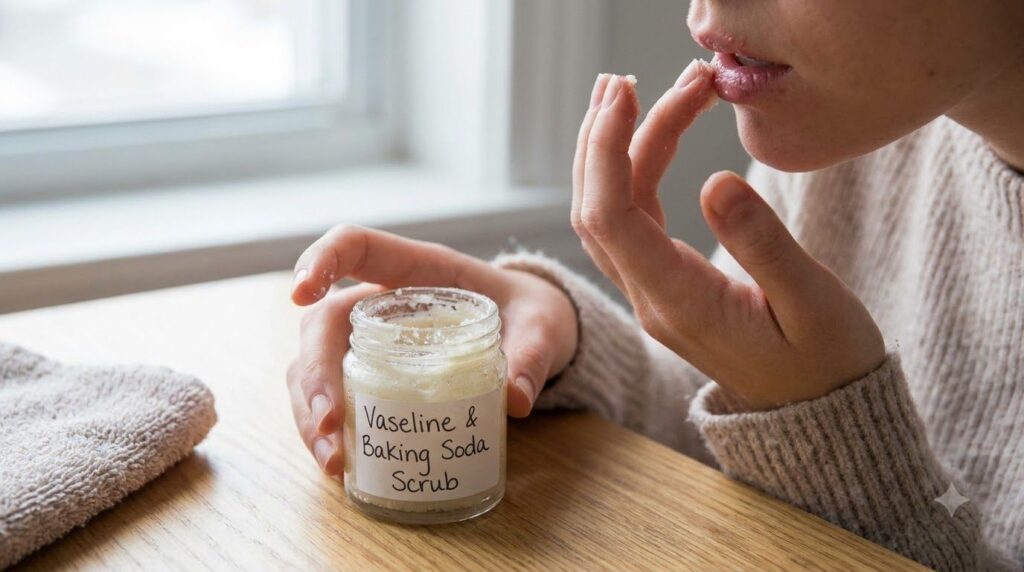 A person gently applying a DIY lip scrub mixture to their lips with a finger with a small bowl of Vaseline and baking so
