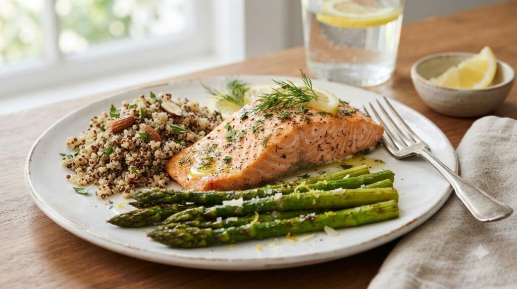 A close-up shot of a delicious colorful and protein-rich meal such as a baked salmon with roasted vegetables and quinoa 