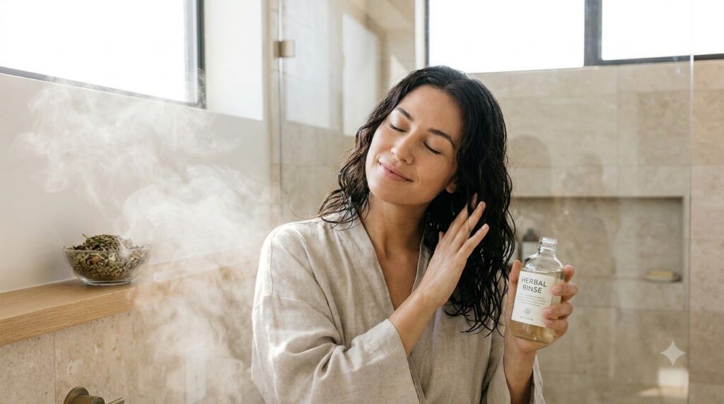 A woman gently massaging a clear herbal hair rinse into her scalp and hair after showering with a subtle steam effect Th