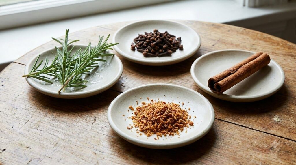 Close-up shot of the individual ingredients fresh rosemary sprigs a small pile of whole cloves a cinnamon stick and fine