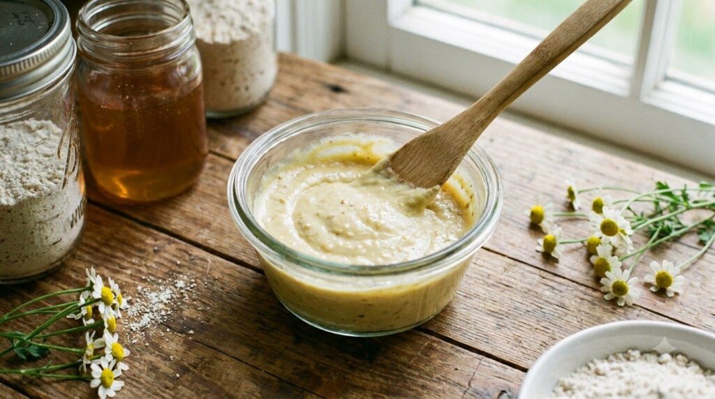 A smooth creamy light yellow DIY face mask mixture in a small glass bowl with a small spatula resting on the edge The te