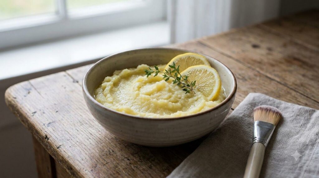 A bowl containing the freshly prepared potato and lemon juice mixture with a small brush for application beside it on a
