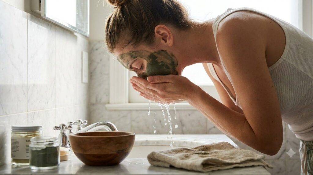 A woman gently rinsing her face after removing a natural face mask with water splashing highlighting clean and glowing s