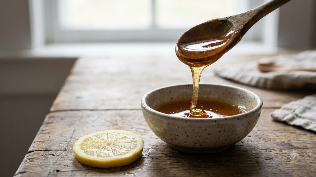 Close-up shot of fresh honey dripping from a spoon into a bowl next to a sliced lemon on a wooden surface