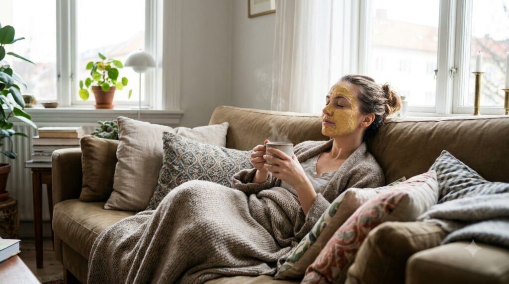 A woman practicing self-care by applying a face mask surrounded by elements like a warm drink soft blanket and a book in
