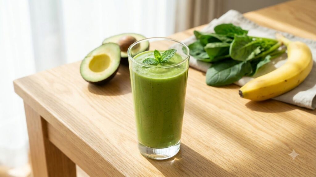 A vibrant green avocado smoothie in a glass garnished with a mint leaf with fresh avocado halves and other ingredients i