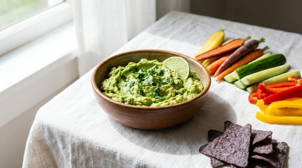 A bowl of creamy vegan avocado dip possibly guacamole served with colorful vegetable sticks and tortilla chips