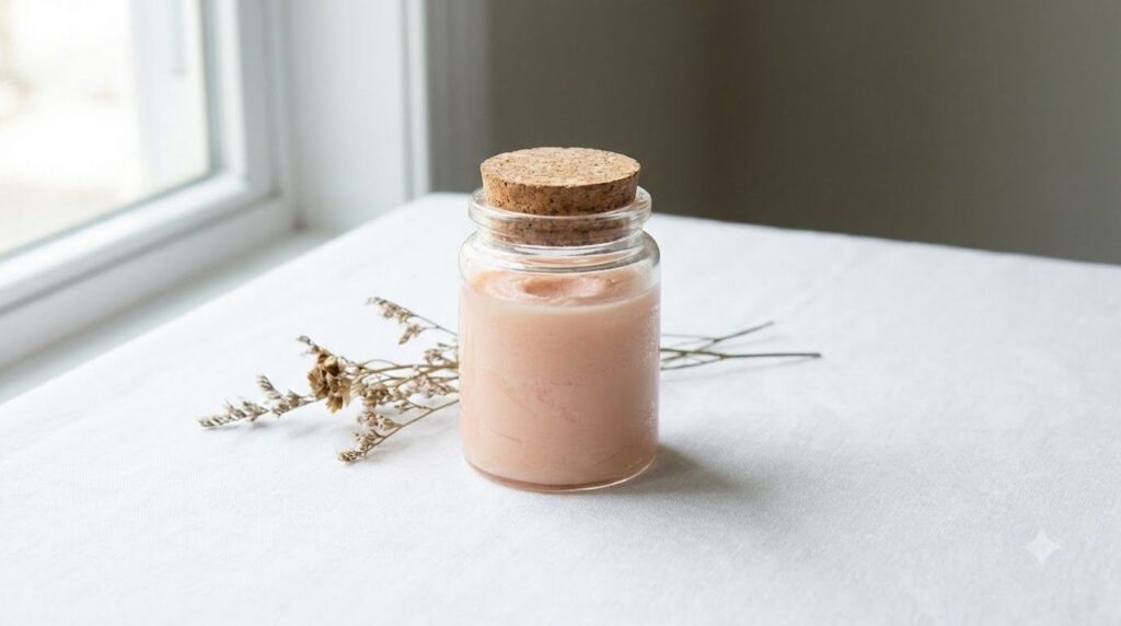 A small clear glass jar filled with the freshly made solidified radiant skin balm positioned on a clean white surface wi
