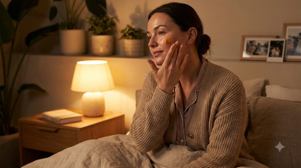 A woman gently massaging the radiant skin balm onto her face at night with a soft warm glow around her emphasizing a rel