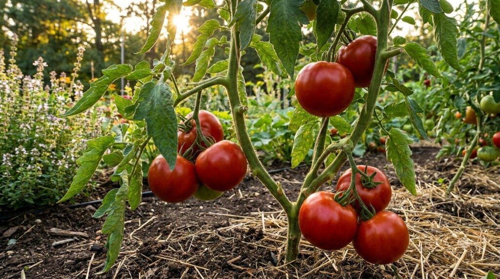 A vibrant healthy tomato plant laden with ripe red tomatoes growing in a garden bed