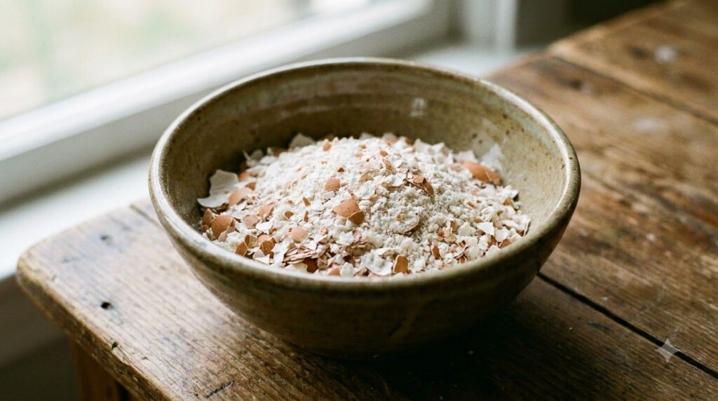 Close-up of crushed eggshells in a bowl ready to be soaked