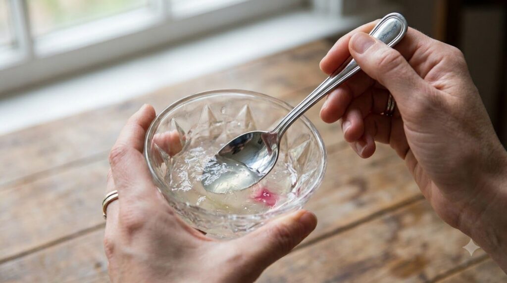 Close-up of hands mixing clear aloe vera gel glycerin and rose water in a small glass bowl with a spoon to create a smoo