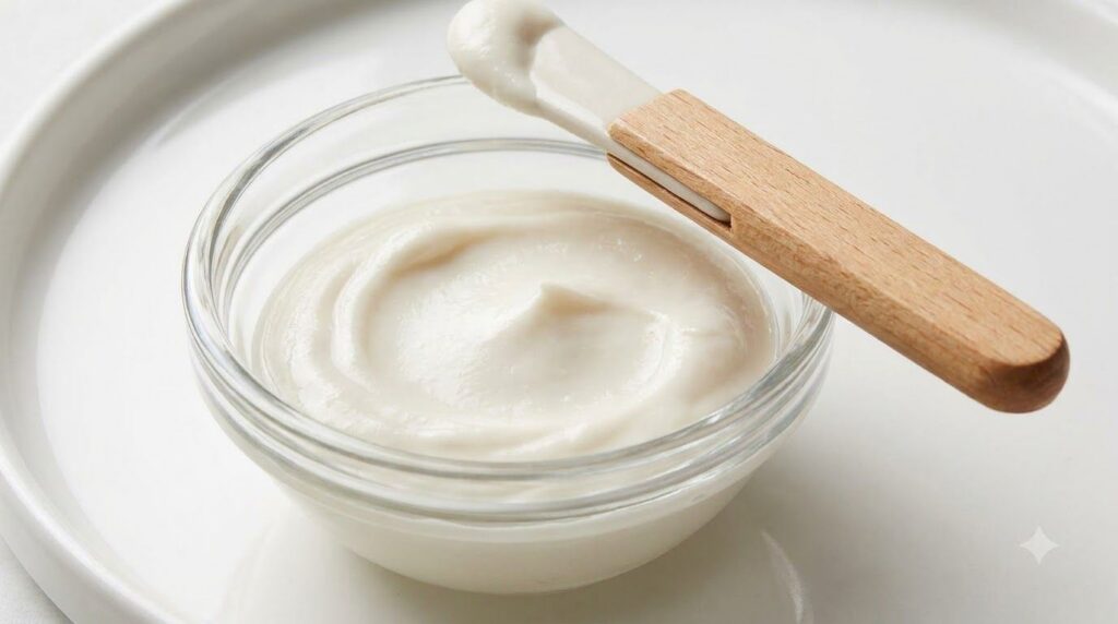Close-up of a small glass bowl containing a smooth white paste made from Vaseline and baking soda with a tiny spatula re