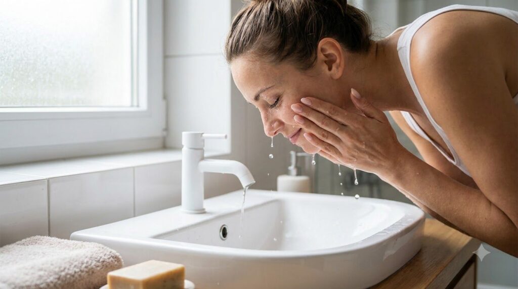 A woman s hands gently rinsing her face under a stream of water in a pristine white sink showing clear fresh skin