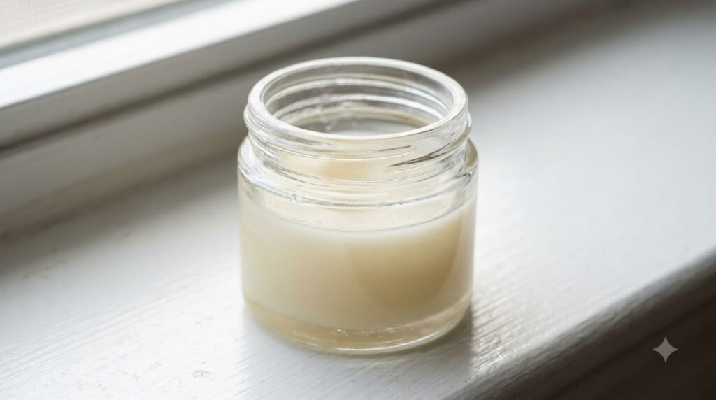 A close-up of a small clean jar filled with the freshly mixed glass skin balm a creamy slightly translucent mixture