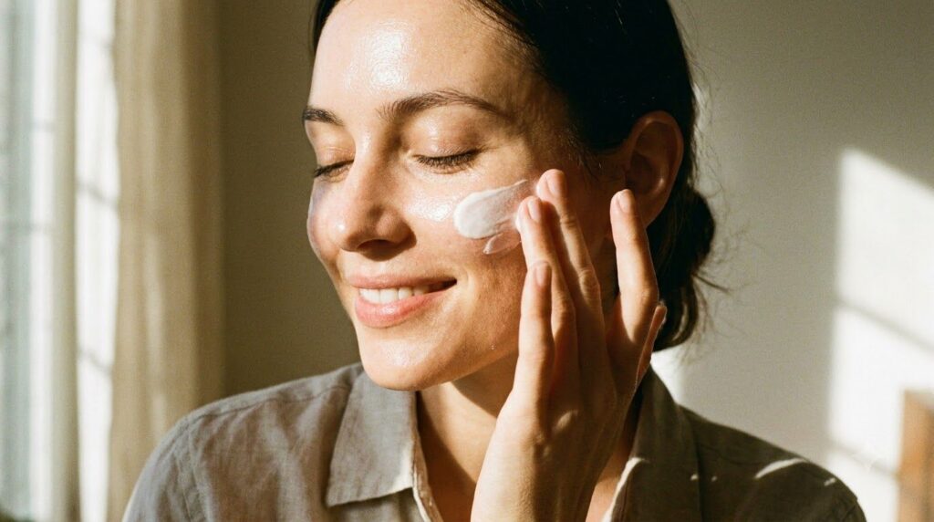 A person applying a rich cream to their face showing glowing hydrated skin