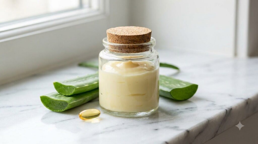 A small clear jar filled with a creamy light-colored night gel with a couple of green aloe vera leaves and a vitamin E c