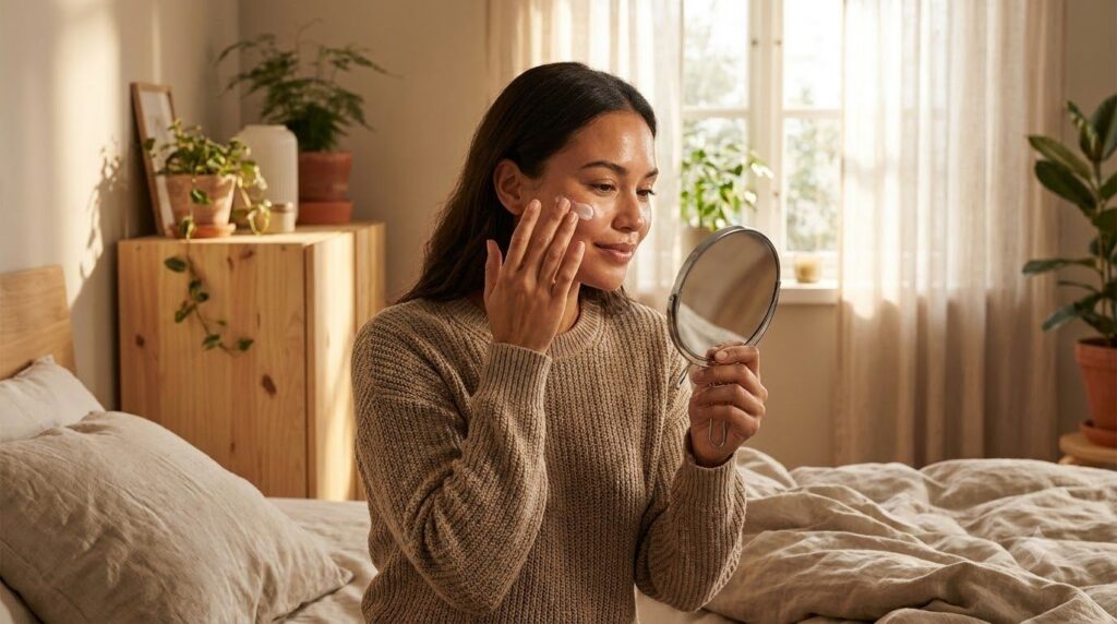 A woman gently applying a small amount of night cream to her face before bed her eyes closed in relaxation with a soft g