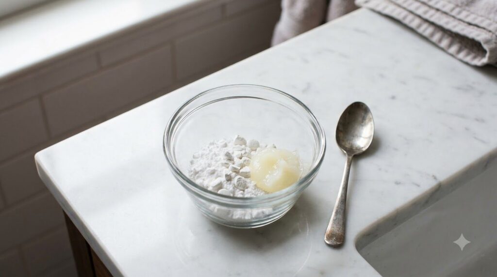 A small clean glass bowl containing crushed white aspirin tablets and a dollop of Vaseline with a spoon nearby set on a 