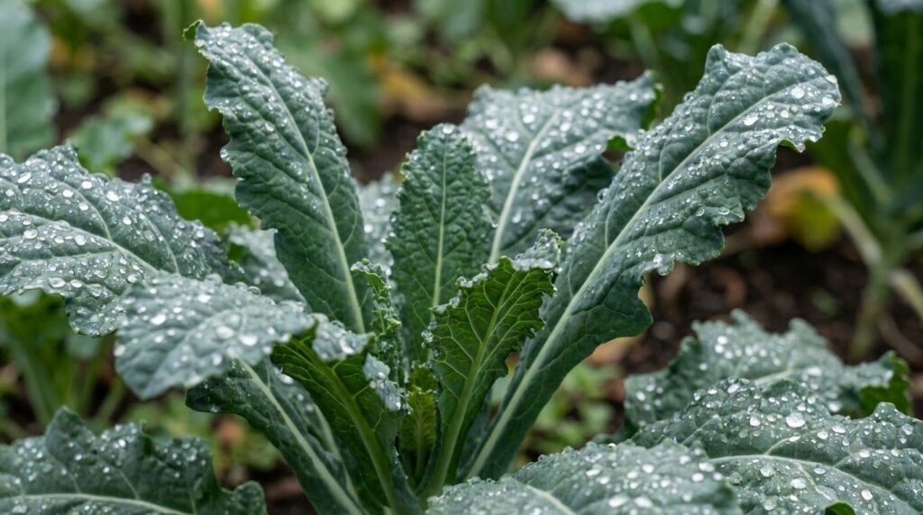 A close-up of vibrant healthy green leaves on a vegetable plant showing no signs of yellowing or disease with dew drops 