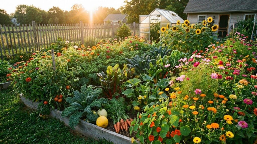 A beautiful thriving garden bed with a variety of healthy vegetables and flowers growing showcasing lush green foliage a