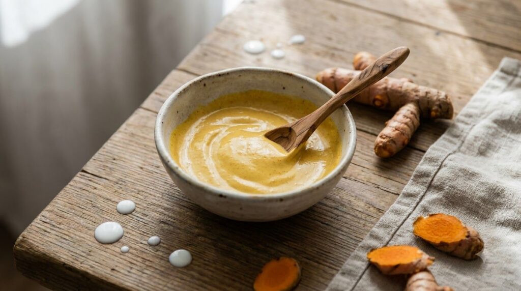 A small bowl of bright yellow turmeric and yogurt mask with a wooden spoon on a natural wooden surface surrounded by fre