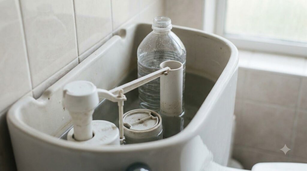 A clear plastic bottle filled with water positioned at the back of a toilet tank amidst the internal flushing mechanisms