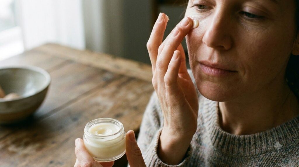 A woman applying a small amount of a homemade balm to her face focusing on areas like fine lines around her eyes or mout