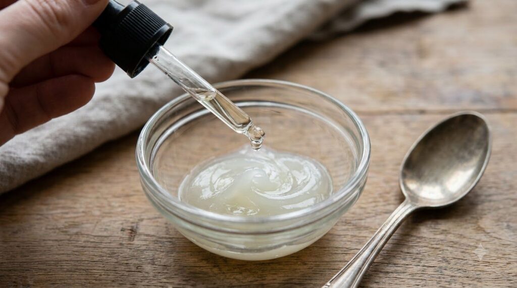 Close-up shot of a small bowl containing petroleum jelly and a dropper adding clear vitamin E oil into it with a spoon n