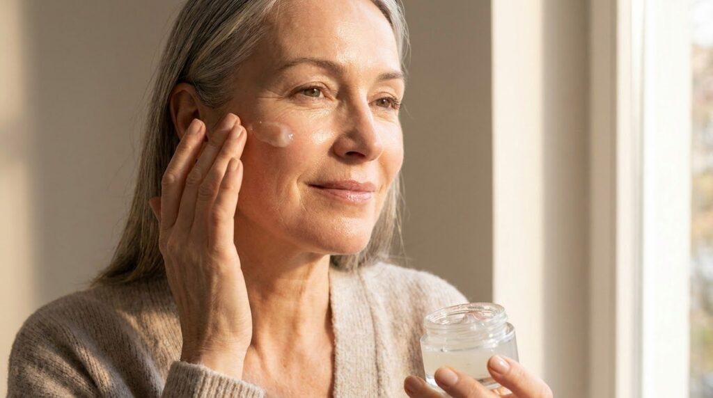 A woman in her late 40s or early 50s gently applying a small amount of the clear gel to her cheekbone or under-eye area 