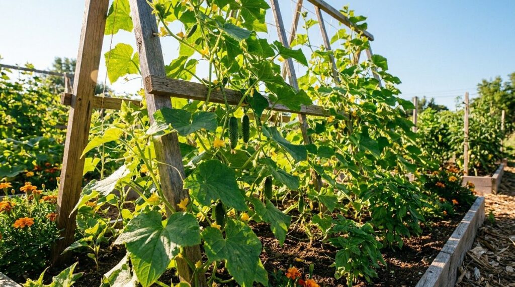 Healthy cucumber plants with vibrant green leaves yellow flowers and developing cucumbers growing vertically on a trelli