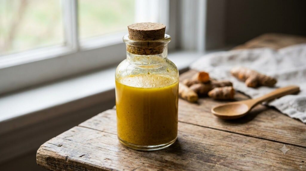 Small glass bottle filled with golden turmeric and baby oil mixture