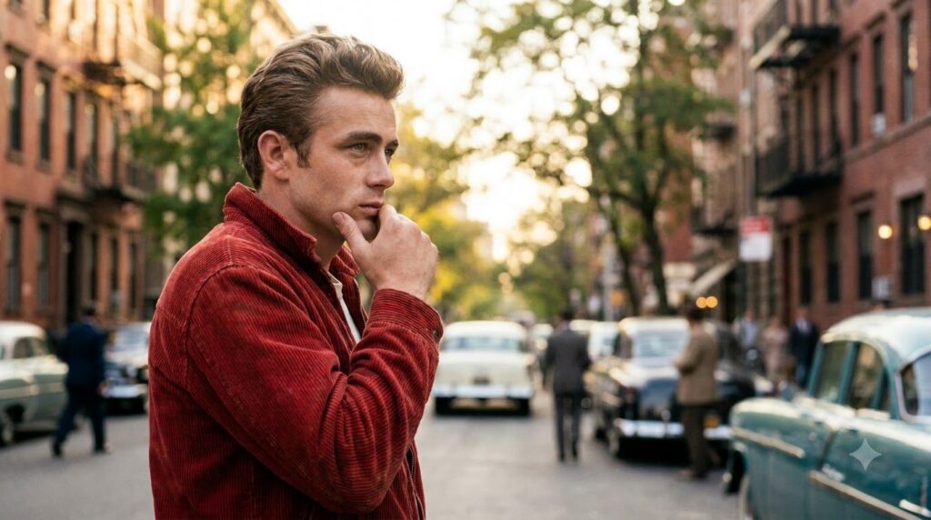 James Dean in a classic pose wearing a red jacket embodying youthful rebellion