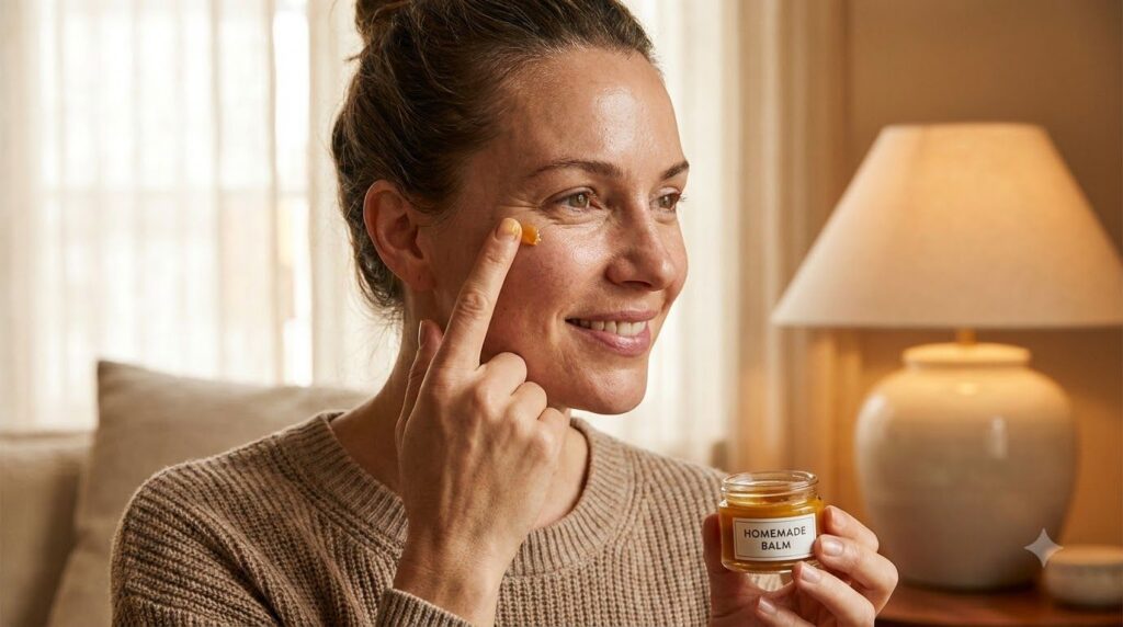 A woman gently applying the DIY balm to the fine lines around her eyes with her fingertip demonstrating careful targeted