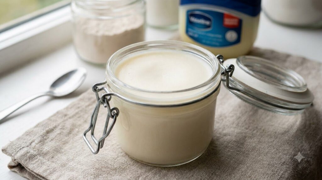 A close-up of a small airtight container filled with the freshly mixed DIY Vaseline and beauty powder balm looking smoot