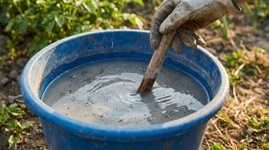 A bucket filled with water and wood ash with a hand stirring the mixture with a stick in a garden setting