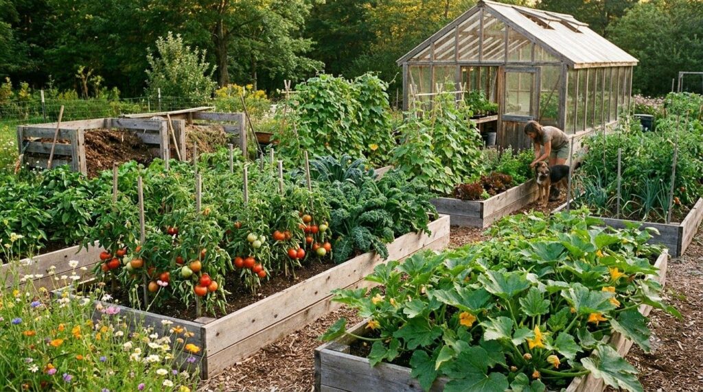 A lush thriving home vegetable garden with a variety of healthy green plants showing visible growth and vibrant foliage 