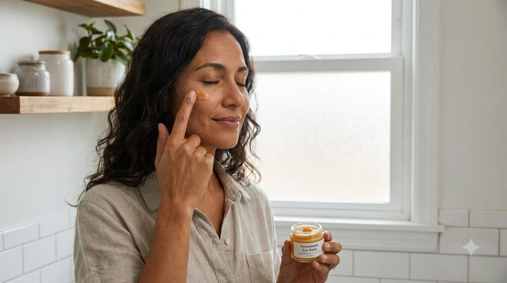 A woman gently applying a small amount of the Vaseline and clove balm to the fine lines around her eyes with a fingertip