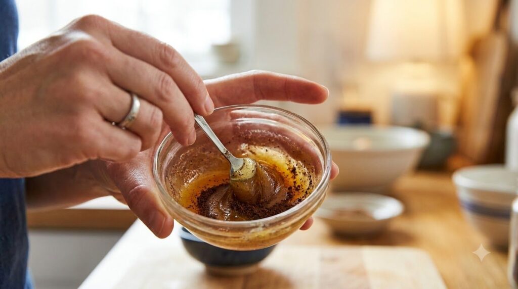 A close-up shot of hands gently mixing melted Vaseline with ground clove powder in a small glass bowl