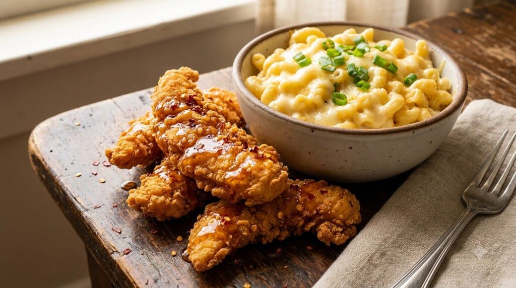 Crispy hot honey chicken tenders with a side of creamy four cheese mac and cheese on a rustic wooden table