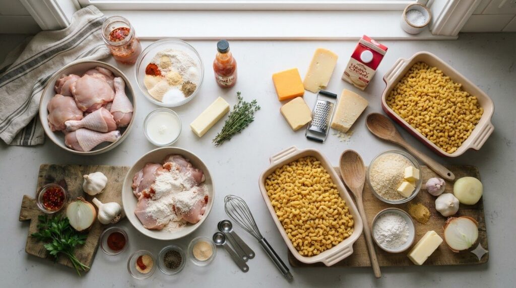 A collection of fresh ingredients for hot honey chicken and four cheese mac and cheese including chicken tenders various