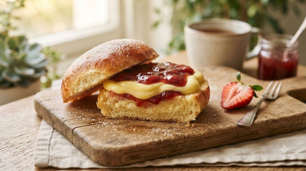 A perfectly baked golden-brown sweet brioche bun sliced open to reveal a creamy vanilla custard and a vibrant strawberry