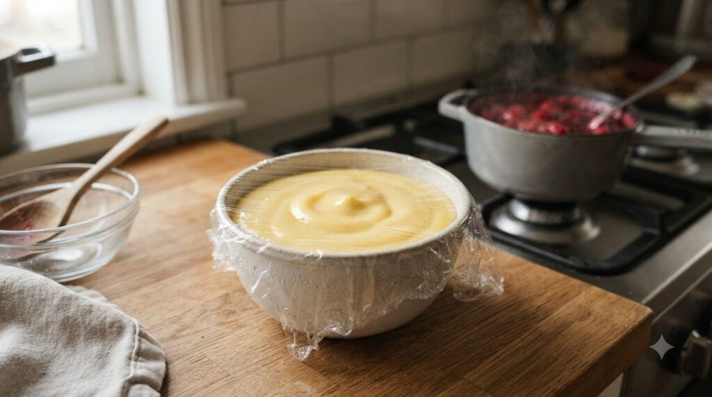 A close-up of smooth thick vanilla custard cooling in a bowl with plastic wrap pressed directly on its surface In the ba