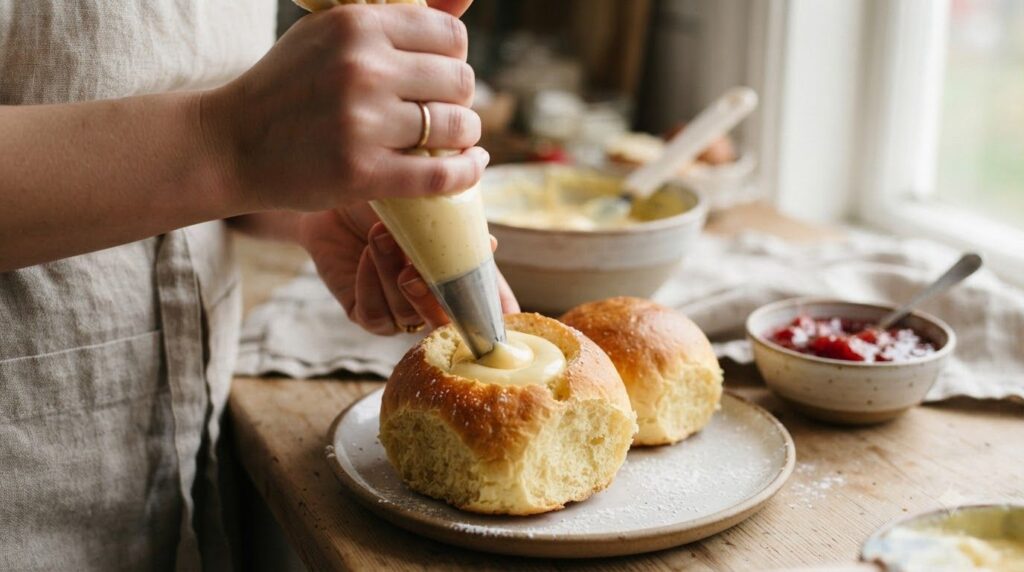 A hand piping creamy vanilla custard into a cooled brioche bun which has a small hole poked in its side A bowl of strawb