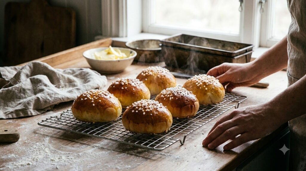 Golden-brown brioche buns fresh out of the oven cooling on a wire rack They are perfectly puffed and have a shiny golden